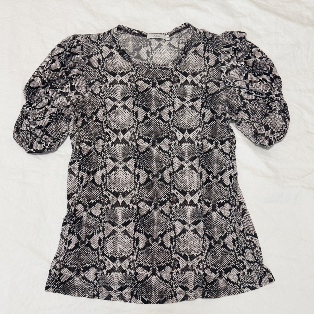 A.L.C. Kati Snakeskin Print Puff Sleeve Blouse Cotton T-Shirt Grey Black Size XS